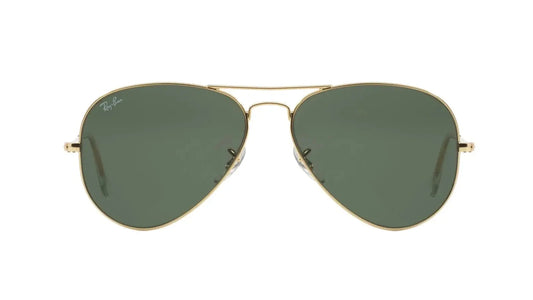 Ray-Ban 0RB3025I L0205 58 aviator sunglasses with gold metal frame and green G-15 lenses, front view.
