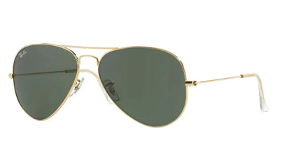 Side angle of Ray-Ban 0RB3025I L0205 58 sunglasses showcasing sleek gold arms and classic aviator lens shape.
