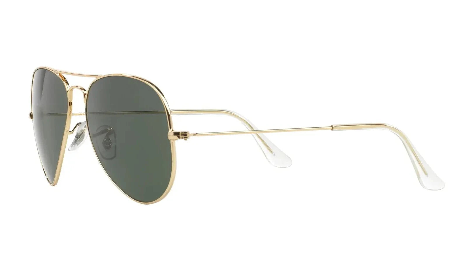 Ray-Ban aviator sunglasses model 0RB3025I L0205 58 with gold frame and green lenses, side view of temples