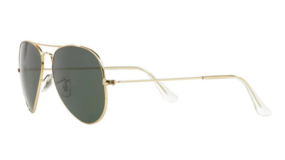 Ray-Ban aviator sunglasses model 0RB3025I L0205 58 with gold frame and green lenses, side view of temples