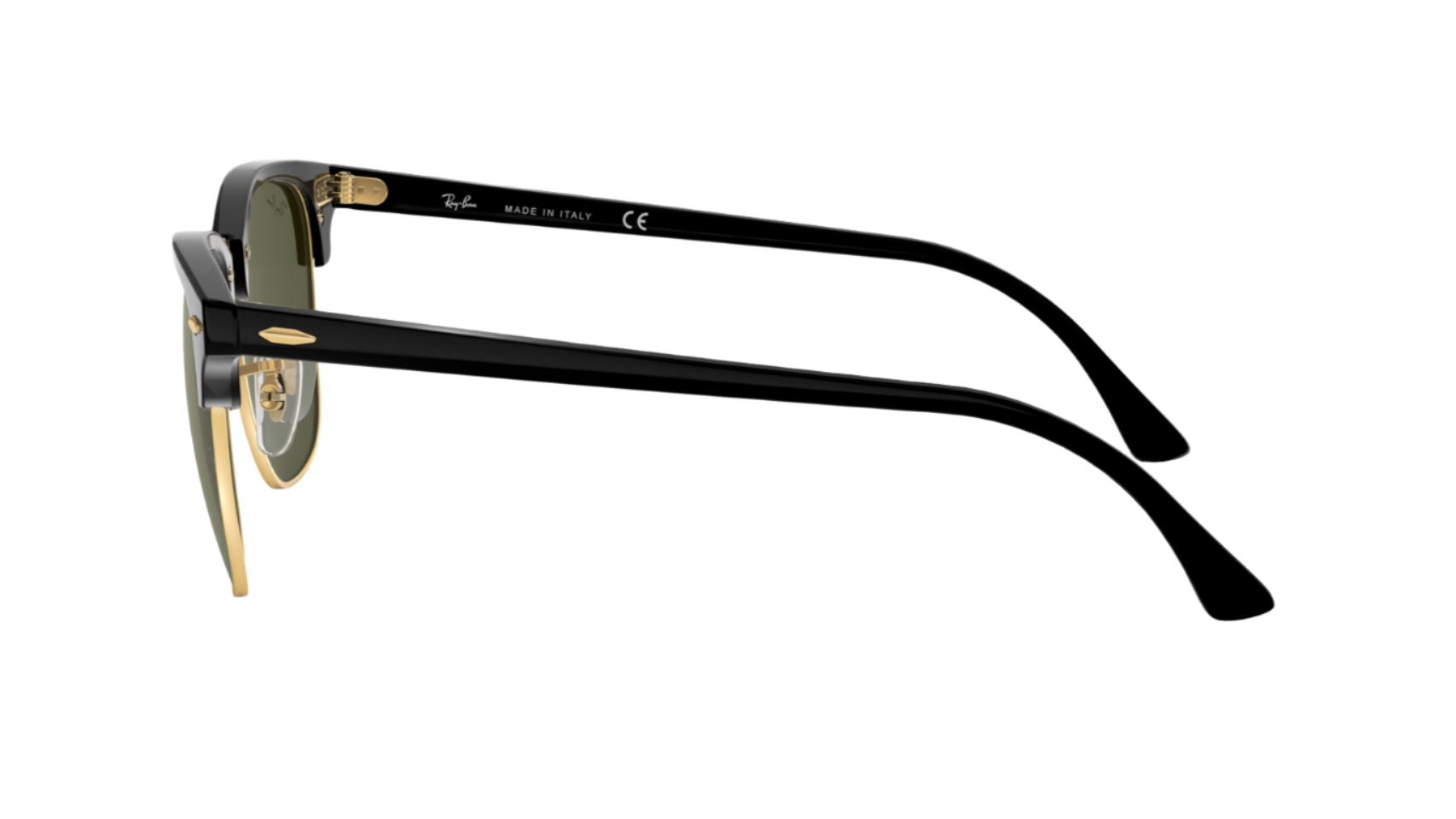 Black eyeglasses with gold accents on a white background