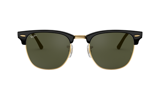 Sunglasses with black frame and green lenses on a white background