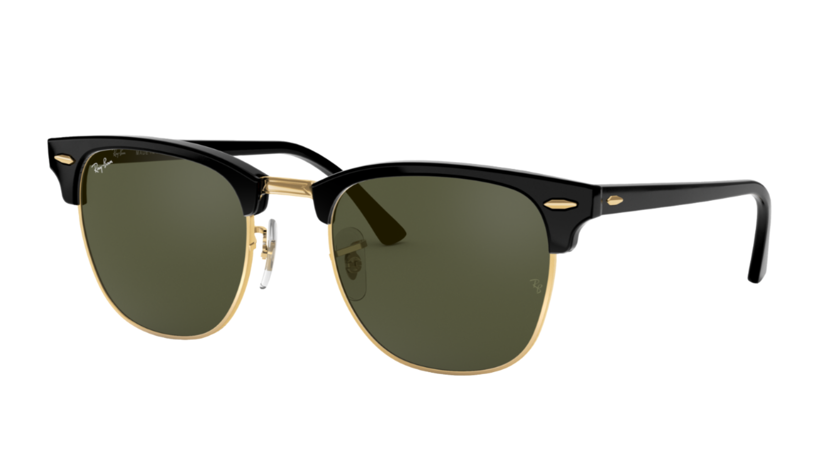 Black and gold sunglasses with green lenses on a white background