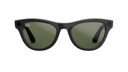 Ray-Ban Meta Skyler smart glasses in shiny black with G-15 green lenses – 52mm, featuring built-in camera and open-ear speakers