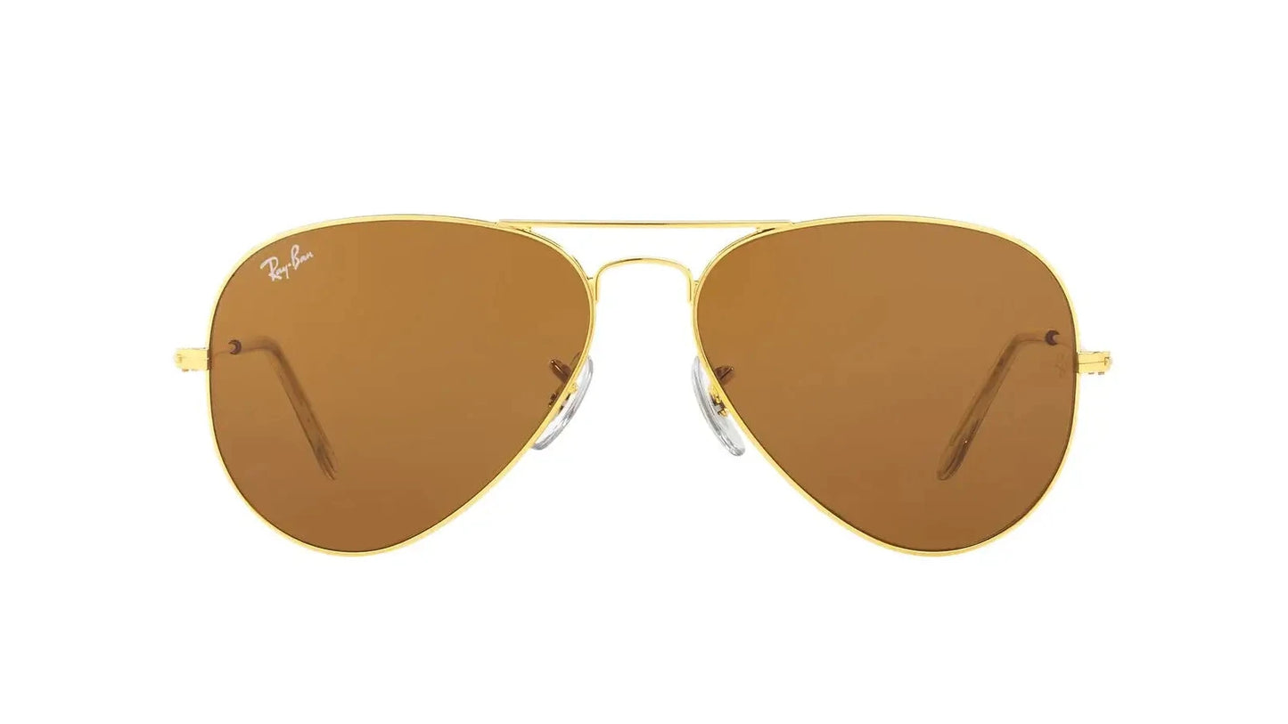 "Ray-Ban Aviator Classic sunglasses with a gold metal frame and brown gradient lenses, featuring a teardrop shape and thin temples, designed for unisex wear.