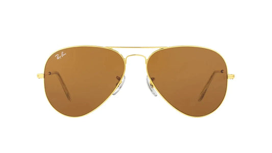 "Ray-Ban Aviator Classic sunglasses with a gold metal frame and brown gradient lenses, featuring a teardrop shape and thin temples, designed for unisex wear.