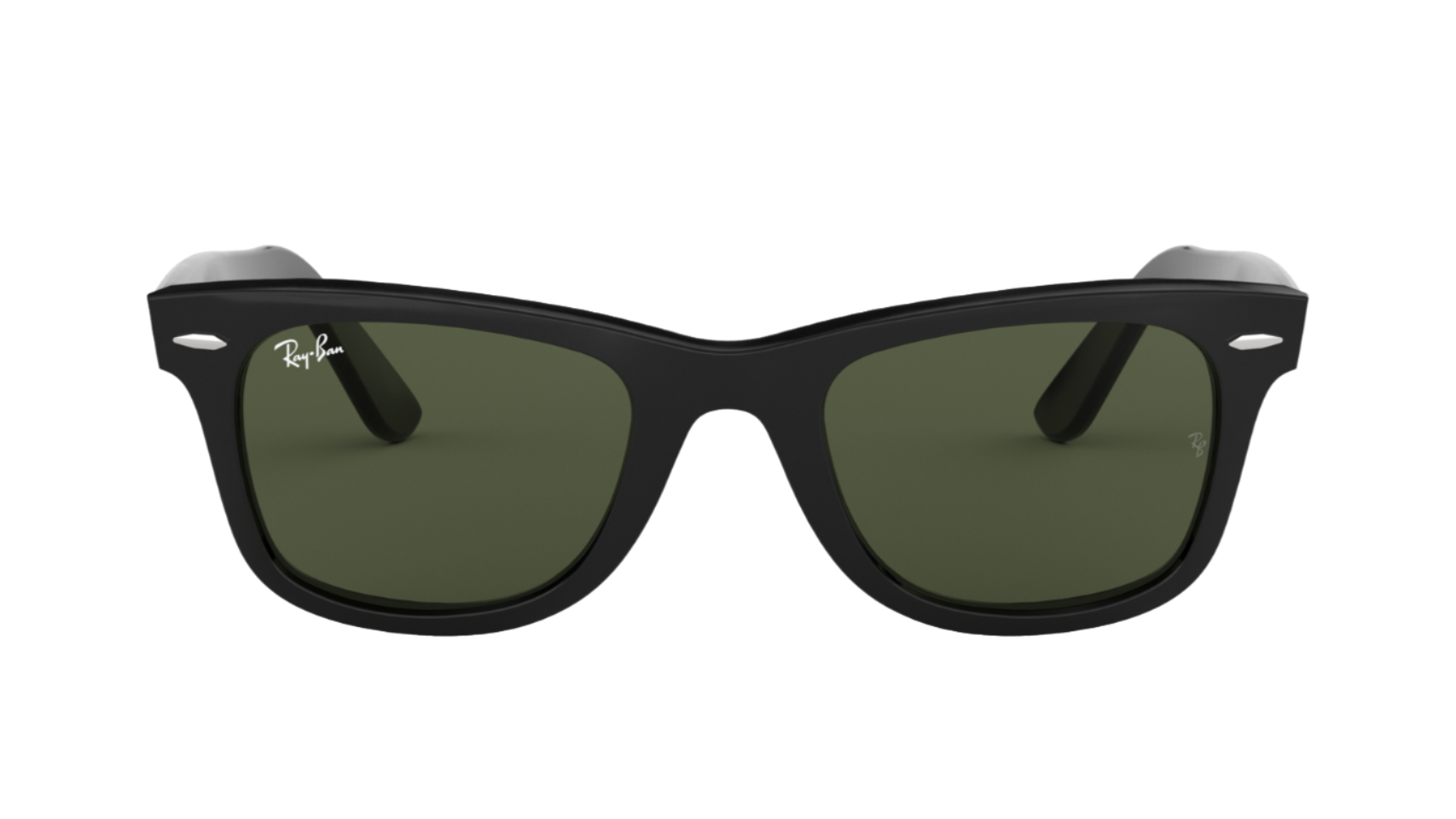 Black sunglasses with green lenses on a white background