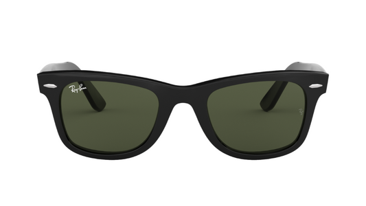 Black sunglasses with green lenses on a white background
