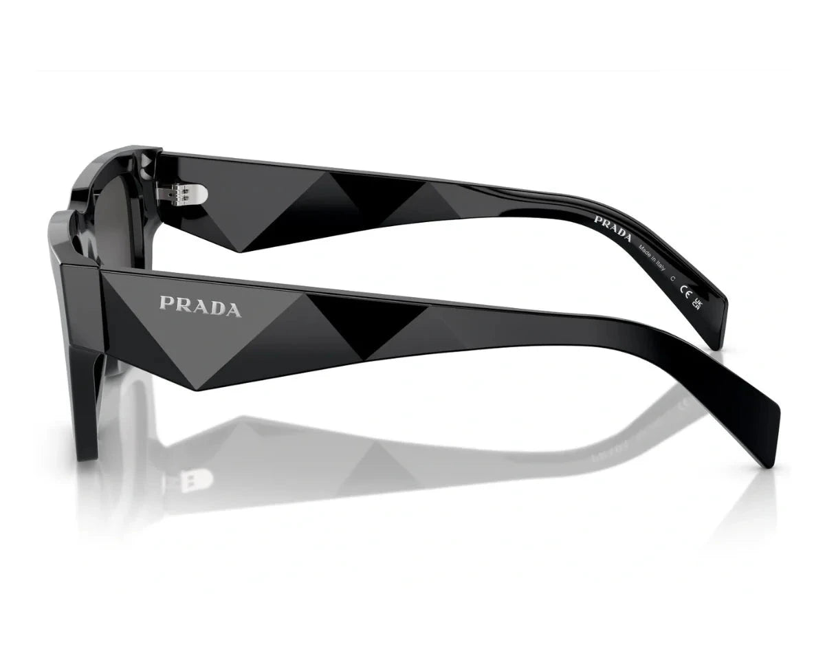 Side view of PRADA SPR A06 16K 08Z sunglasses showcasing black geometric temples with the Prada logo.