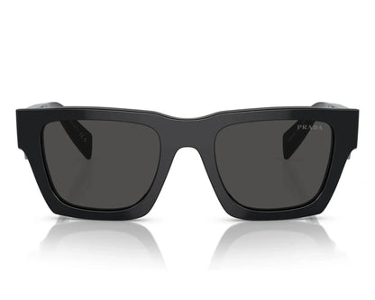 Front-facing view of PRADA SPR A06 16K 08Z sunglasses with dark lenses and sharp, structured edges.