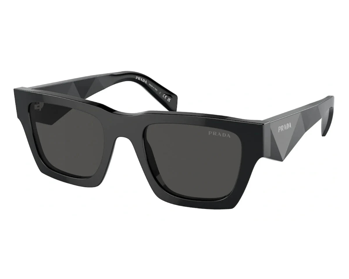 Angled view of PRADA SPR A06 16K 08Z sunglasses highlighting the bold, square frame and sleek design.