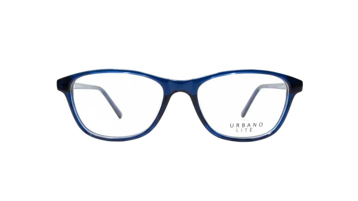 Blue eyeglasses with 'Urbano' branding on a white background