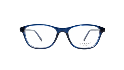 Blue eyeglasses with 'Urbano' branding on a white background