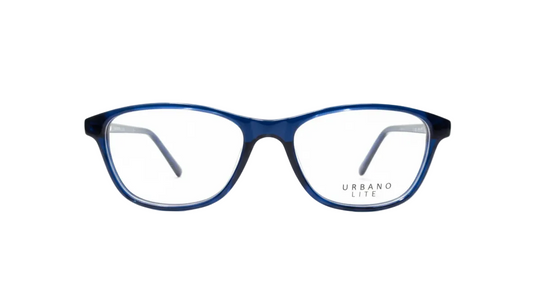 Blue eyeglasses with 'Urbano' branding on a white background