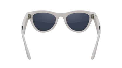 Sunglasses with white frame and dark lenses on a white background