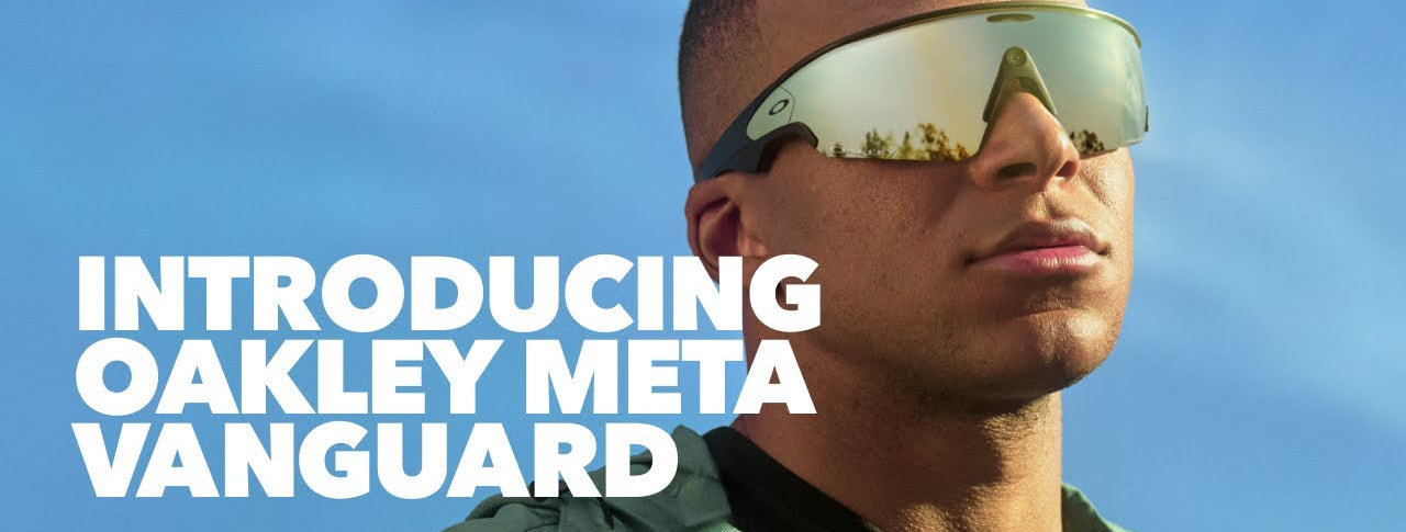 Person wearing Oakley Meta Vanguard sunglasses with a blue sky background