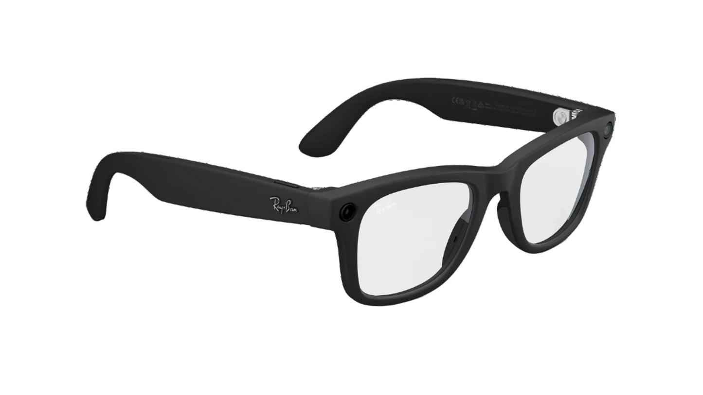 Black sunglasses with a clear lens on a white background