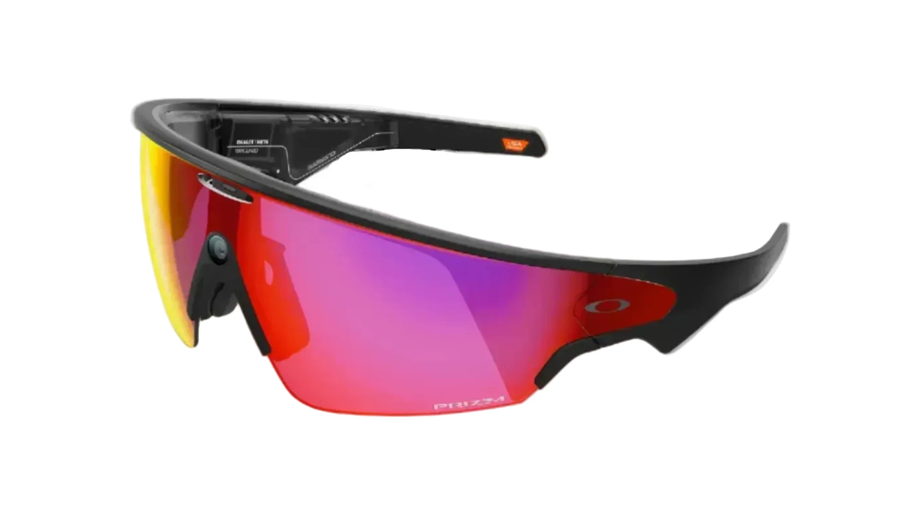 Sunglasses with red lenses and black frame on a white background