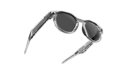 Sunglasses with clear frame and dark lenses on a white background