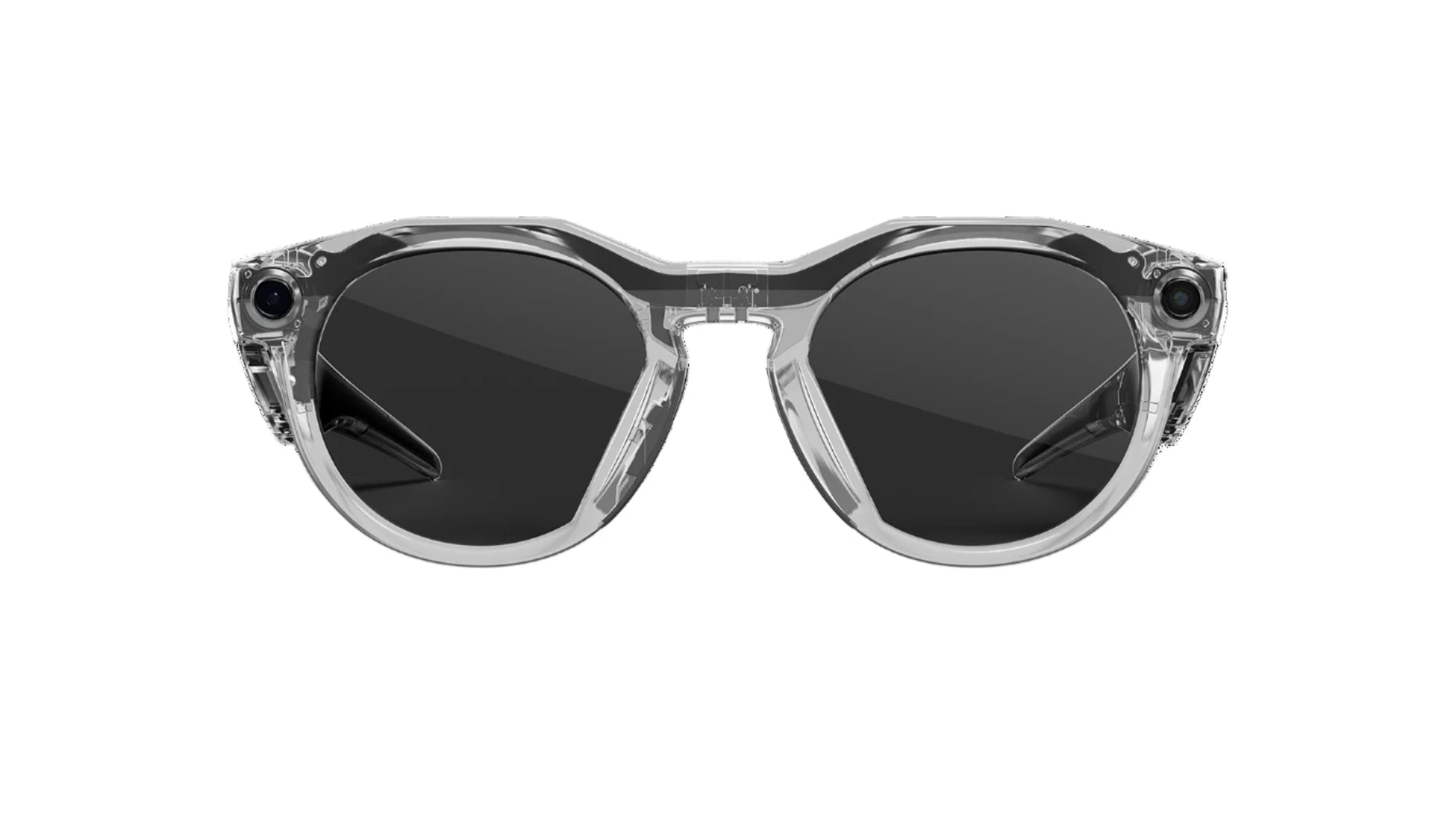 Sunglasses with transparent frame and dark lenses on a white background