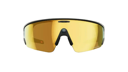 Sunglasses with gold lenses and black frame on a white background