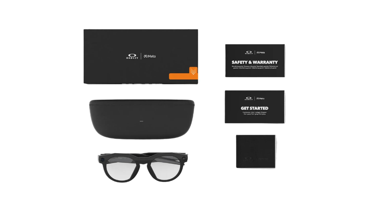 Eyeglasses with accessories including a case, cleaning cloth, and warranty card on a white background.