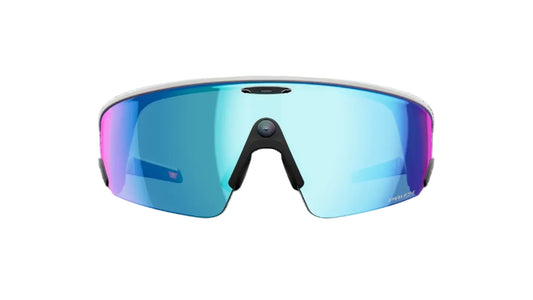 Sunglasses with blue reflective lenses on a white background