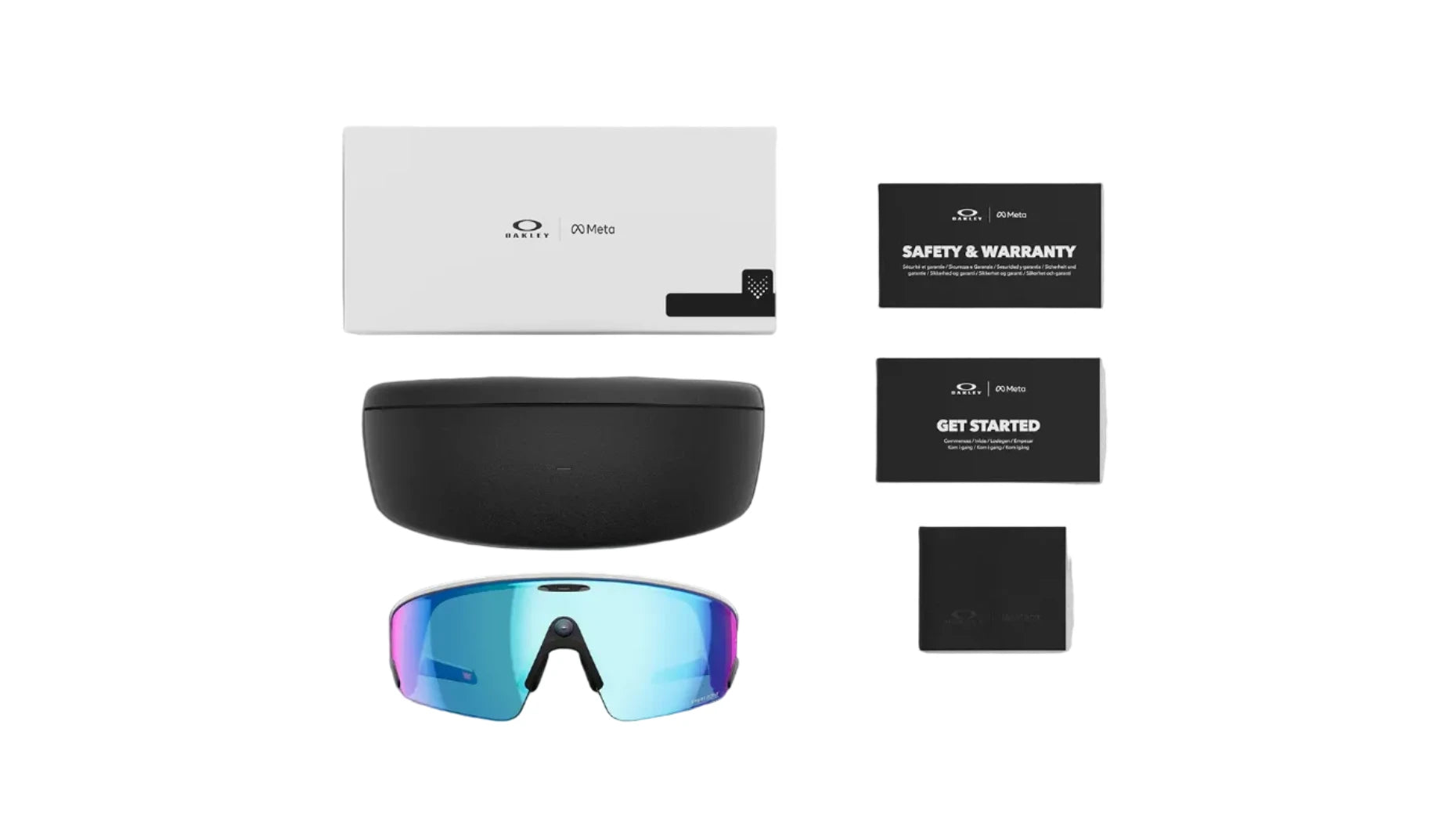 Oakley sunglasses with case, box, and cards on a white background