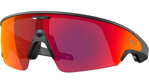 Sunglasses with red lenses and black frame on a white background