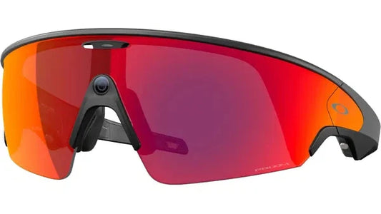 Sunglasses with red lenses and black frame on a white background